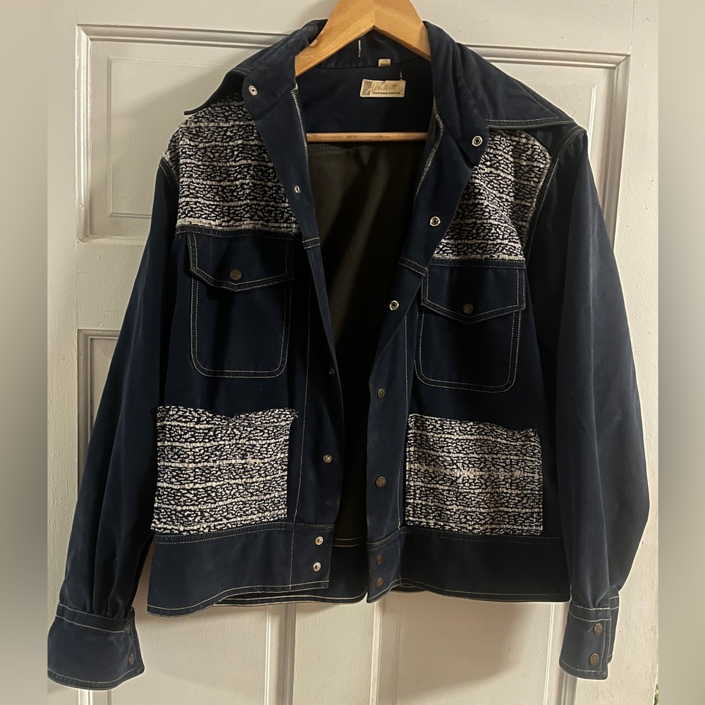 Mr. witt MCM vintage Blue Work coat. Up Cycled Japanese Fabric Patches Size med